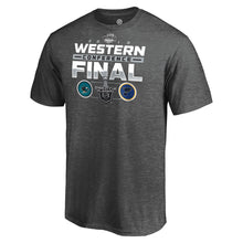 Load image into Gallery viewer, San Jose Sharks Vs. St. Louis Blues 2019 Stanley Cup Playoffs Western Conference Finals Matchup T-Shirt - Heather Gray NHL Guys Tee