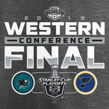 Load image into Gallery viewer, San Jose Sharks Vs. St. Louis Blues 2019 Stanley Cup Playoffs Western Conference Finals Matchup T-Shirt - Heather Gray NHL Guys Tee