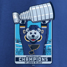 Load image into Gallery viewer, St. Louis Blues 2019 Stanley Cup Champions Banner Collection Mascot T-Shirt - Royal NHL Guys Tee