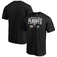 Load image into Gallery viewer, Nashville Predators Vs. Dallas Stars 2019 Stanley Cup Playoffs Matchup Checking The Boards T-Shirt - Black NHL Guys Tee