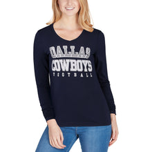Load image into Gallery viewer, Dallas Cowboys Women's Practice Glitter Long Sleeve T-Shirt - Navy NFL Ladies V-Neck Long Sleeve