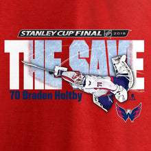 Load image into Gallery viewer, Braden Holtby Washington Capitals 2018 Stanley Cup Finals The Save T-Shirt - Red NHL Guys Tee