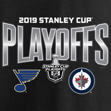 Load image into Gallery viewer, St. Louis Blues Vs. Winnipeg Jets 2019 Stanley Cup Playoffs Matchup Checking The Boards T-Shirt - Black NHL Guys Tee