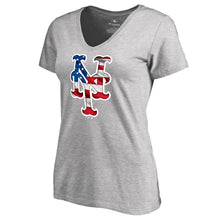 Load image into Gallery viewer, New York Mets Women&#39;s 2019 Stars &amp; Stripes Banner Wave V-Neck T-Shirt - Heather Gray MLB Ladies V-Neck
