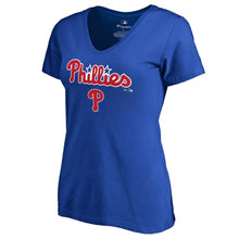 Load image into Gallery viewer, Philadelphia Phillies Women&#39;s Team Lockup T-Shirt - Royal MLB Ladies V-Neck
