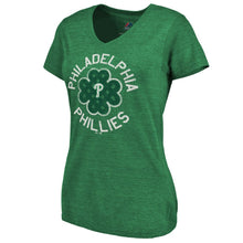 Load image into Gallery viewer, Philadelphia Phillies Women&#39;s 2019 St. Patrick&#39;s Day Luck Tradition V-Neck T-Shirt - Kelly Green MLB Ladies V-Neck
