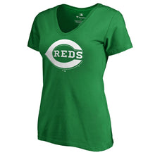 Load image into Gallery viewer, Cincinnati Reds Women&#39;s St. Patrick&#39;s Day White Logo Plus Size V-Neck T-Shirt - Kelly Green MLB Ladies V-Neck
