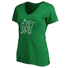 Load image into Gallery viewer, Miami Marlins Women&#39;s St. Patrick&#39;s Day White Team Logo V-Neck T-Shirt - Green MLB Ladies V-Neck

