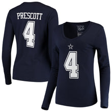 Load image into Gallery viewer, Dak Prescott Dallas Cowboys Women's Player Name &amp; Number V-Neck Long Sleeve T-Shirt - Navy NFL Ladies V-Neck Long Sleeve
