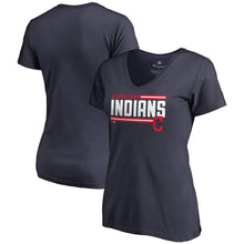 Load image into Gallery viewer, Cleveland Indians Women&#39;s Team Onside Stripe V-Neck T-Shirt - Navy MLB Ladies V-Neck
