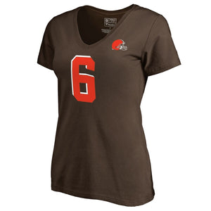 Baker Mayfield Cleveland Browns Nfl Pro Line By Women's Stack Name & Number T-Shirt - Brown NFL LADIES V-Neck