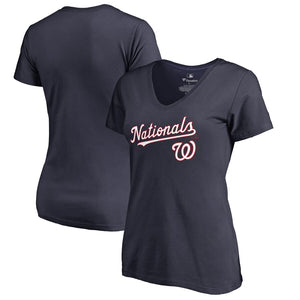 Washington Nationals Women's Team Lockup T-Shirt - Navy MLB Ladies V-Neck