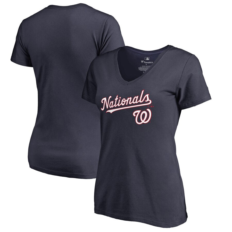 Washington Nationals Women's Team Lockup T-Shirt - Navy MLB Ladies V-Neck