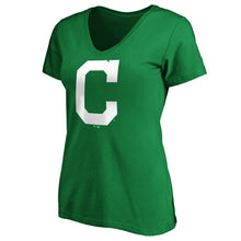 Load image into Gallery viewer, Cleveland Indians Women&#39;s St. Patrick&#39;s Day White Team Logo V-Neck T-Shirt - Green MLB Ladies V-Neck
