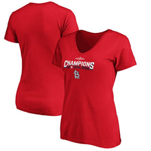 Load image into Gallery viewer, St. Louis Cardinals Women&#39;s 2019 Nl Central Division Champions Base Coach V-Neck T-Shirt - Red MLB Ladies V-Neck
