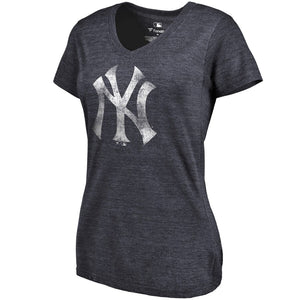 New York Yankees Women's Primary Distressed Team Tri-Blend V-Neck T-Shirt - Heathered Navy MLB Ladies V-Neck