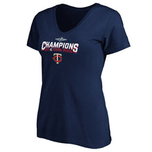 Load image into Gallery viewer, Minnesota Twins Women&#39;s 2019 Al Central Division Champions Base Coach V-Neck T-Shirt - Navy MLB Ladies V-Neck
