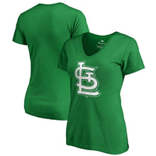 Load image into Gallery viewer, St. Louis Cardinals Women&#39;s St. Patrick&#39;s Day White Logo Plus Size V-Neck T-Shirt - Kelly Green MLB Ladies V-Neck
