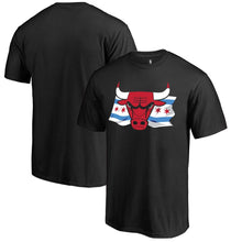 Load image into Gallery viewer, Chicago Bulls Black Hometown Collection Chicago Flag T-Shirt NBA Guys Tee
