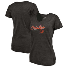 Load image into Gallery viewer, Baltimore Orioles Women&#39;s Rising Script Tri-Blend V-Neck T-Shirt - Heathered Black MLB Ladies V-Neck
