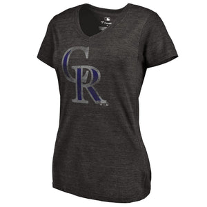Colorado Rockies Women's Primary Distressed Team Tri-Blend V-Neck T-Shirt - Heathered Black MLB Ladies V-Neck