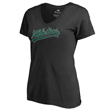 Load image into Gallery viewer, Oakland Athletics Women&#39;s Hometown Collection Turn Back The Clock V-Neck T-Shirt - Black MLB Ladies V-Neck
