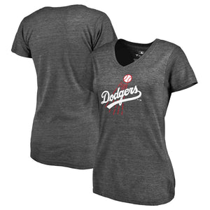Los Angeles Dodgers Women's Cooperstown Collection Huntington Tri-Blend V-Neck T-Shirt - Heathered Gray MLB Ladies V-Neck