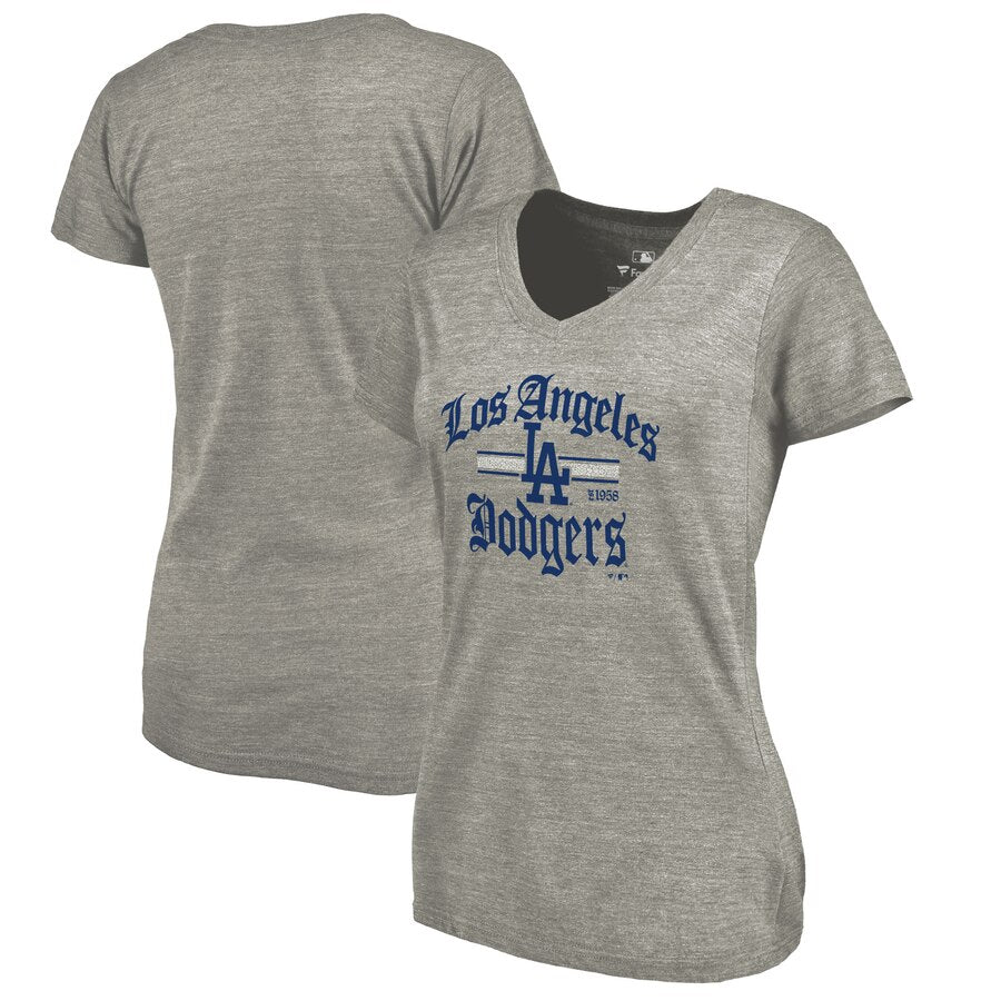 Los Angeles Dodgers Women's Hometown Collection Olde La V-Neck T-Shirt - Ash MLB Ladies V-Neck