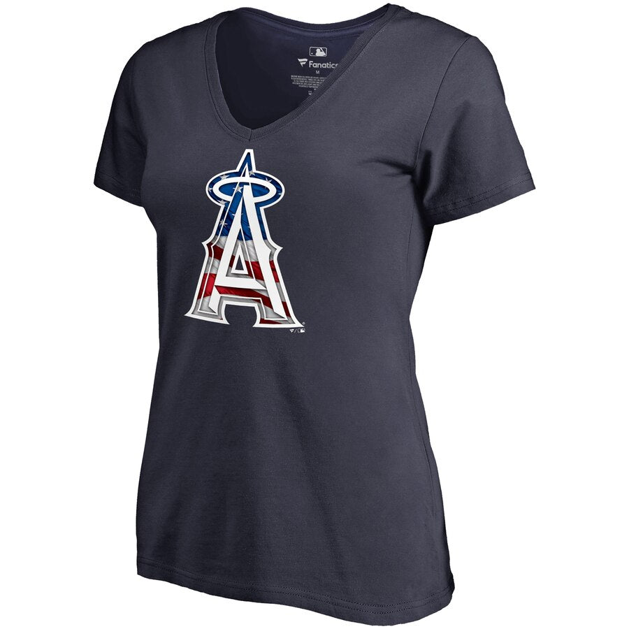 Los Angeles Angels Women's 2019 Stars & Stripes Banner Wave V-Neck T-Shirt - Navy MLB Ladies V-Neck