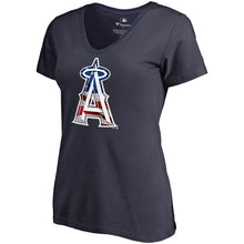 Load image into Gallery viewer, Los Angeles Angels Women&#39;s 2019 Stars &amp; Stripes Banner Wave V-Neck T-Shirt - Navy MLB Ladies V-Neck
