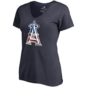 Los Angeles Angels Women's 2019 Stars & Stripes Banner Wave V-Neck T-Shirt - Navy MLB Ladies V-Neck