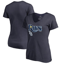 Load image into Gallery viewer, Tampa Bay Rays Women&#39;s Team Lockup T-Shirt - Navy MLB Ladies V-Neck
