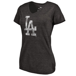 Los Angeles Dodgers Women's Distressed Team Tri-Blend V-Neck T-Shirt - Black MLB Ladies V-Neck