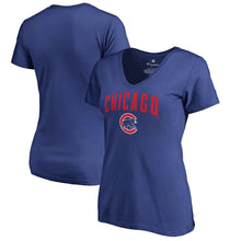 Load image into Gallery viewer, Chicago Cubs Women&#39;s Team Lockup V-Neck T-Shirt - Royal MLB Ladies V-Neck
