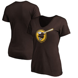 San Diego Padres Women's Swinging Friar Logo V-Neck T-Shirt - Brown MLB Ladies V-Neck