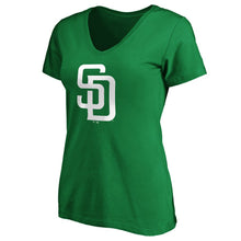 Load image into Gallery viewer, San Diego Padres Women&#39;s St. Patrick&#39;s Day White Team Logo V-Neck T-Shirt - Green MLB Ladies V-Neck
