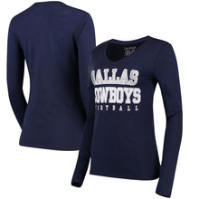 Load image into Gallery viewer, Dallas Cowboys Women's Practice Glitter Long Sleeve T-Shirt - Navy NFL Ladies V-Neck Long Sleeve
