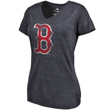 Load image into Gallery viewer, Boston Red Sox Women&#39;s Primary Distressed Team Tri-Blend V-Neck T-Shirt - Heathered Navy MLB Ladies V-Neck
