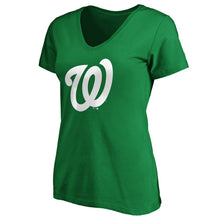 Load image into Gallery viewer, Washington Nationals Women&#39;s St. Patrick&#39;s Day White Team Logo V-Neck T-Shirt - Green MLB Ladies V-Neck
