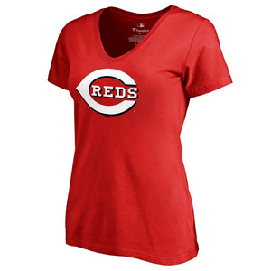 Cincinnati Reds Women's Team Color Primary Logo V-Neck T-Shirt - Red MLB Ladies V-Neck