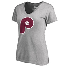 Load image into Gallery viewer, Philadelphia Phillies Women&#39;s Cooperstown Collection Huntington T-Shirt - Ash MLB Ladies V-Neck
