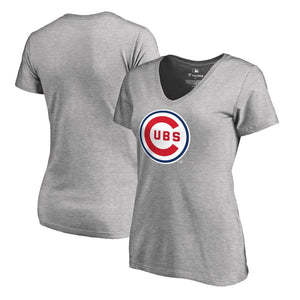 Chicago Cubs Women's Cooperstown Collection Forbes V-Neck T-Shirt - Heathered Gray MLB Ladies V-Neck