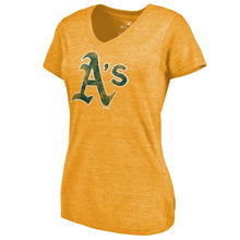 Load image into Gallery viewer, Oakland Athletics Women&#39;s Distressed Team Tri-Blend V-Neck T-Shirt - Heathered Gold MLB Ladies V-Neck
