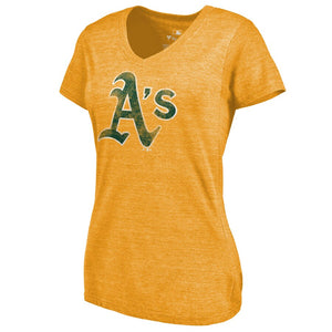 Oakland Athletics Women's Distressed Team Tri-Blend V-Neck T-Shirt - Heathered Gold MLB Ladies V-Neck
