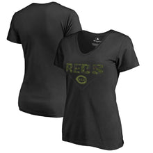 Load image into Gallery viewer, Cincinnati Reds Women&#39;s Camo T-Shirt - Black MLB Ladies V-Neck

