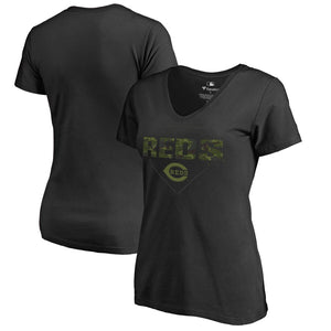 Cincinnati Reds Women's Camo T-Shirt - Black MLB Ladies V-Neck