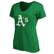 Load image into Gallery viewer, Oakland Athletics Women&#39;s St. Patrick&#39;s Day White Team Logo V-Neck T-Shirt - Green MLB Ladies V-Neck
