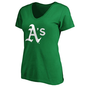 Oakland Athletics Women's St. Patrick's Day White Team Logo V-Neck T-Shirt - Green MLB Ladies V-Neck