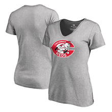 Load image into Gallery viewer, Cincinnati Reds Women&#39;s Cooperstown Collection Forbes T-Shirt - Ash MLB Ladies V-Neck
