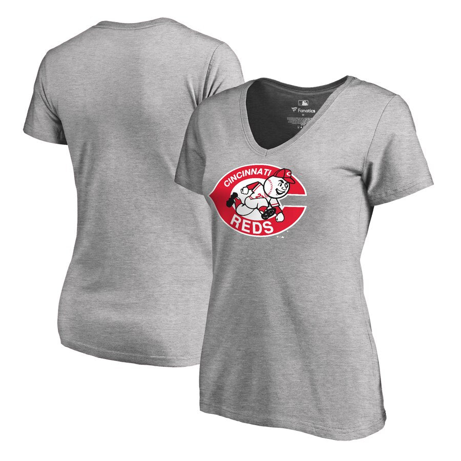 Cincinnati Reds Women's Cooperstown Collection Forbes T-Shirt - Ash MLB Ladies V-Neck